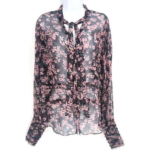 Elizabeth and James 100% Silk Sheer Floral Fringe Tie Neck Blouse Size M - Picture 8 of 10